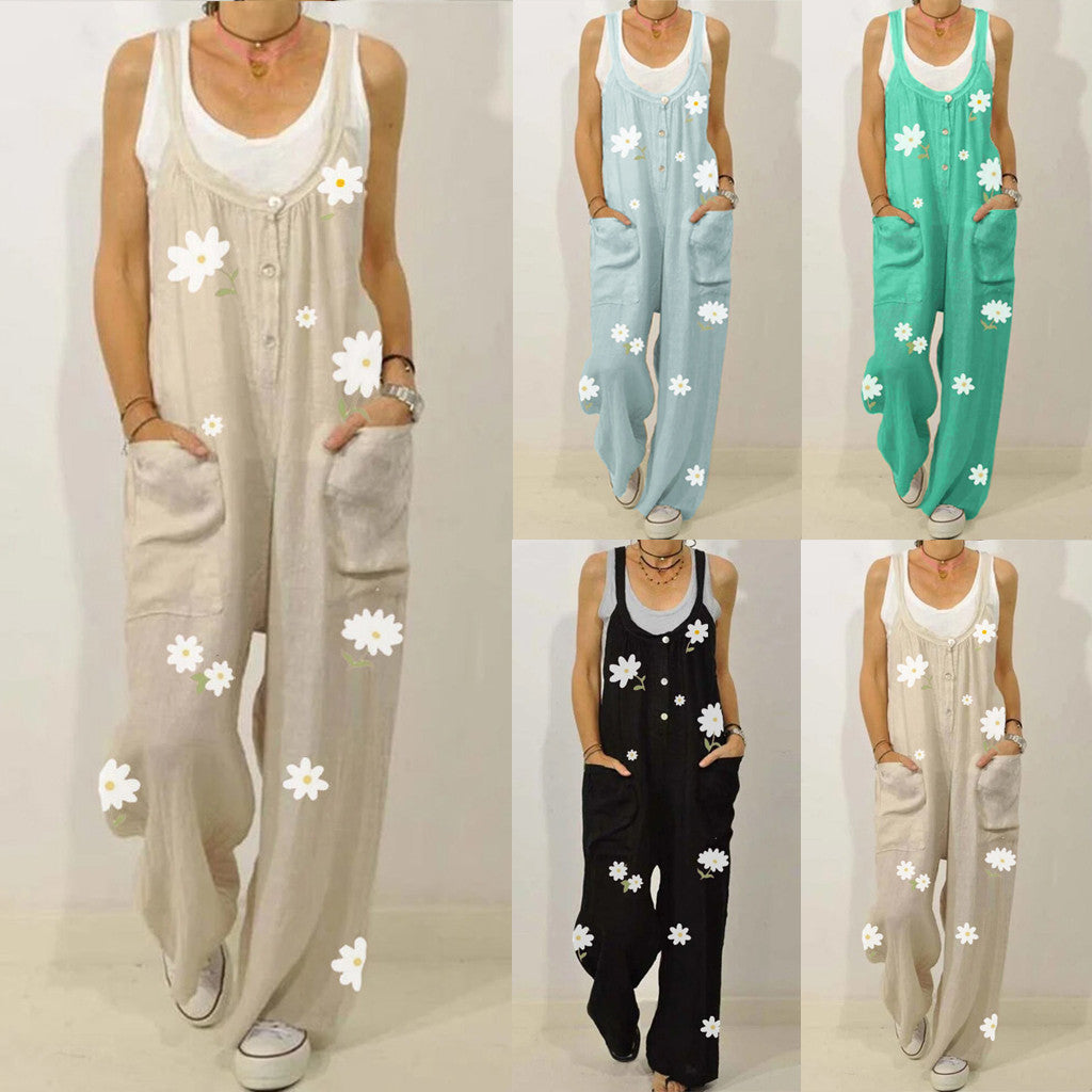 European & American New Style Cotton & Linen Printed Jumpsuit