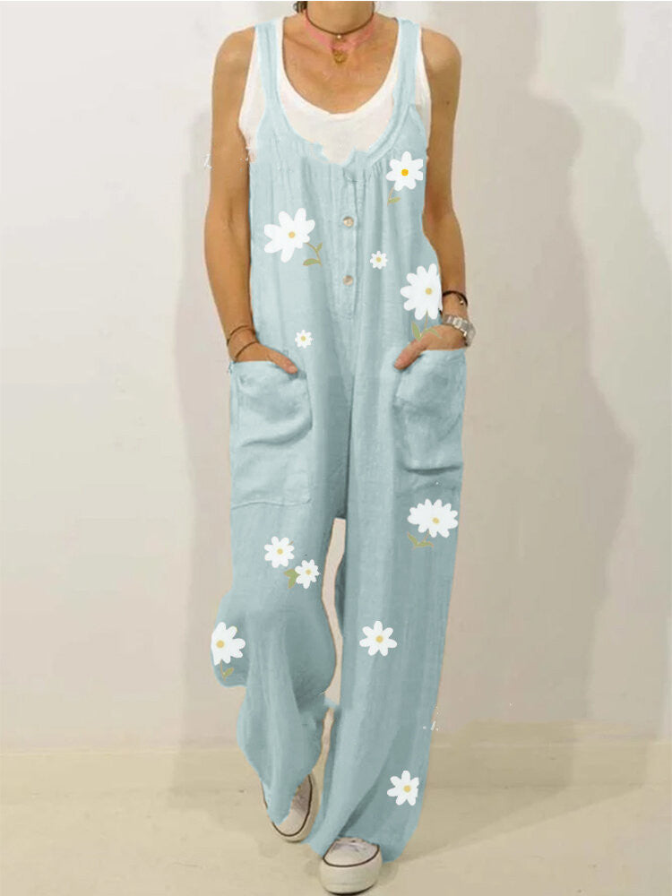 European & American New Style Cotton & Linen Printed Jumpsuit