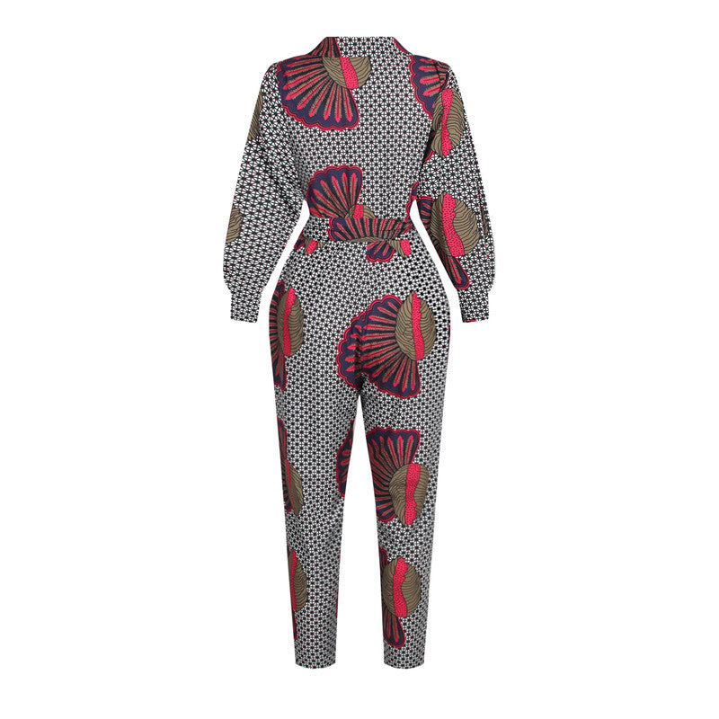 V-Neck Long-Sleeved Jumpsuit - African Style Cropped Trousers