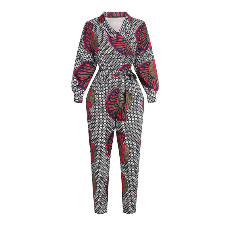 V-Neck Long-Sleeved Jumpsuit - African Style Cropped Trousers