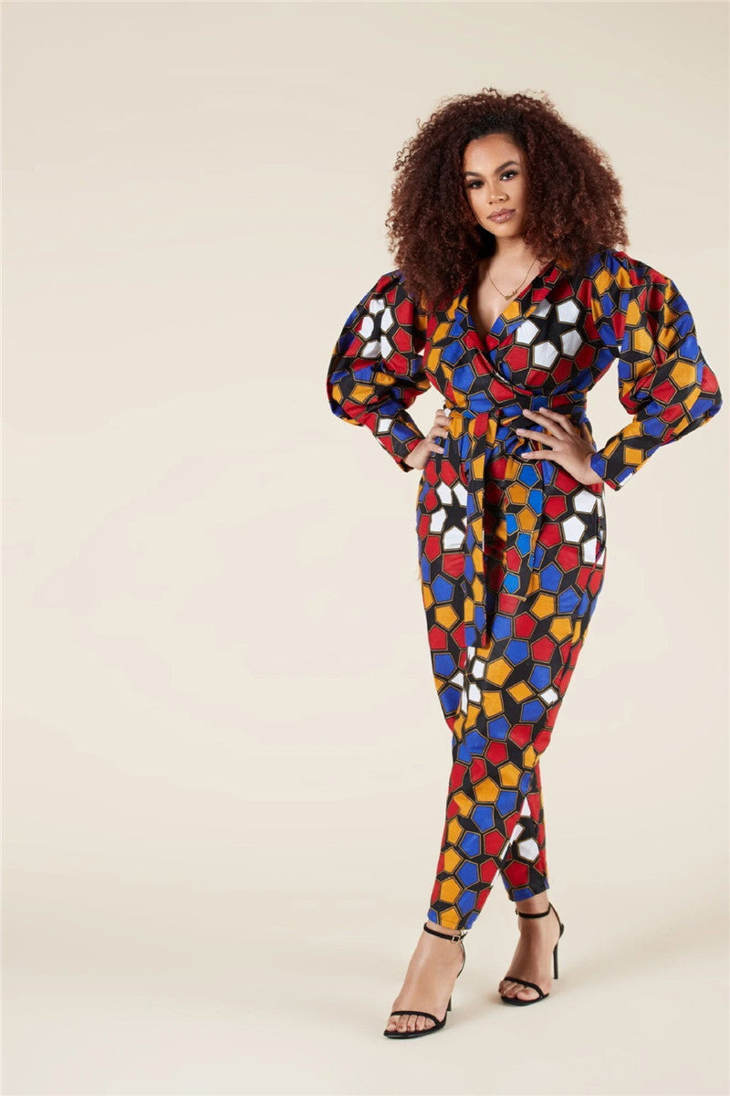 V-Neck Long-Sleeved Jumpsuit - African Style Cropped Trousers