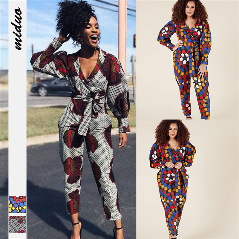 V-Neck Long-Sleeved Jumpsuit - African Style Cropped Trousers