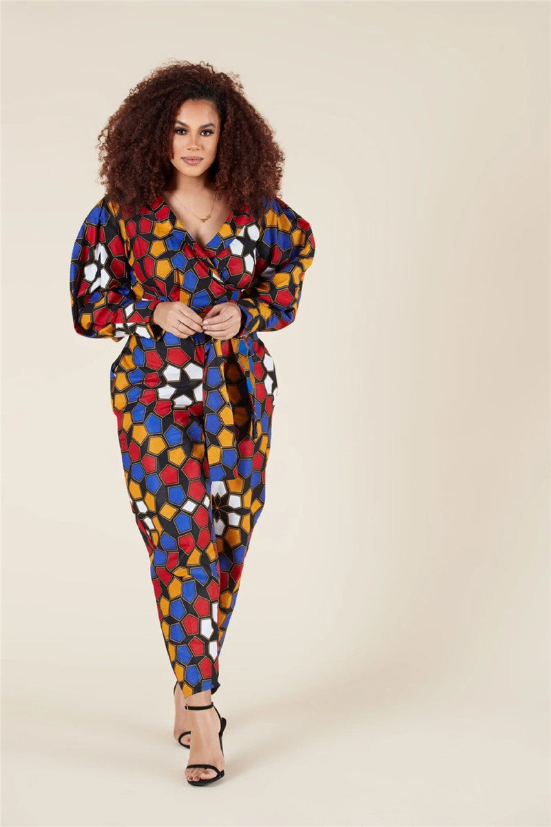 V-Neck Long-Sleeved Jumpsuit - African Style Cropped Trousers