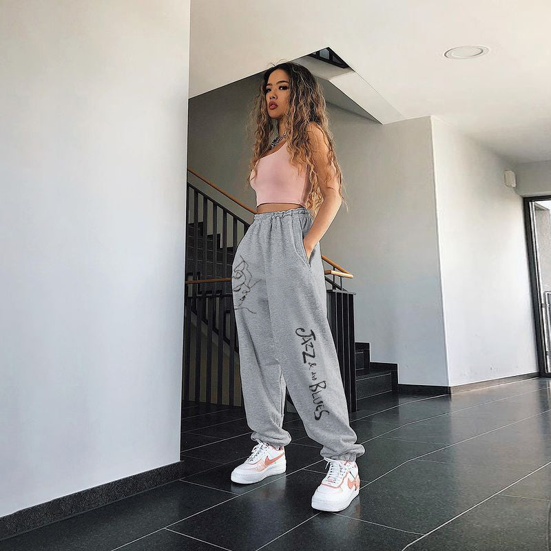 High-Waist All-Match Print Loose Sports Trousers for Women