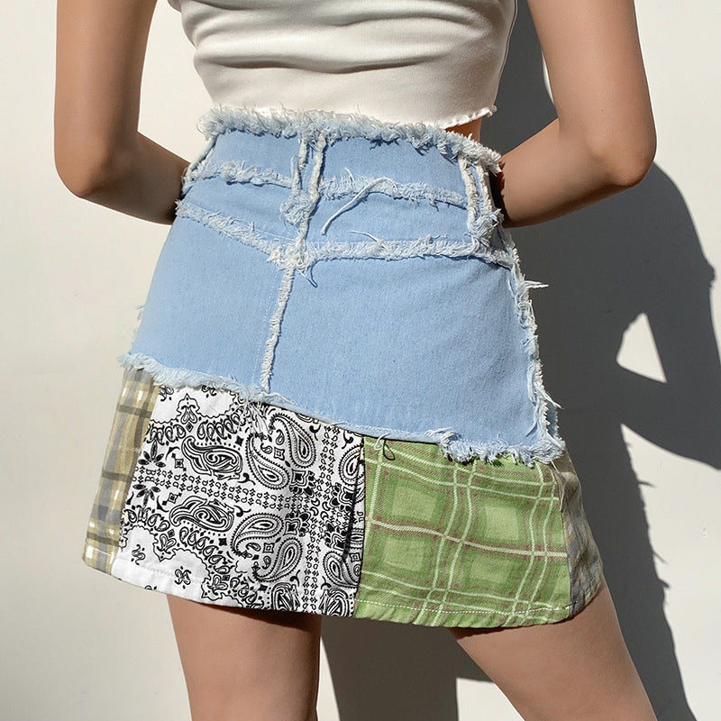 Retro Women's Plaid Stitching Printed Casual High Waist A-Line Denim Skirt