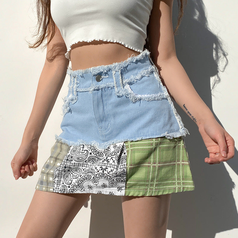 Retro Women's Plaid Stitching Printed Casual High Waist A-Line Denim Skirt