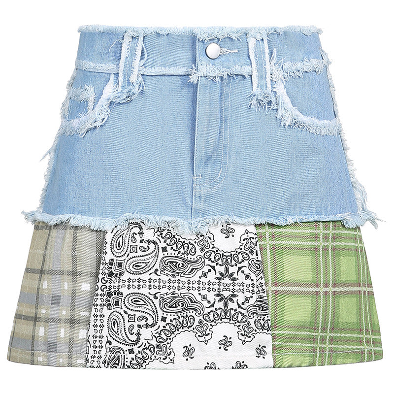 Retro Women's Plaid Stitching Printed Casual High Waist A-Line Denim Skirt
