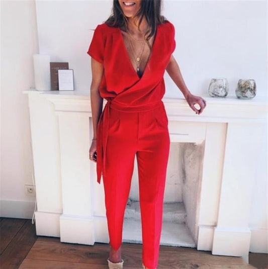 Ladies' V-Neck Folded Slim Jumpsuit