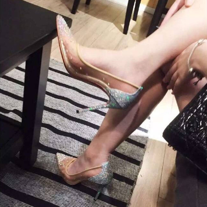 Mesh Rhinestone Transparent Pointed High Heels