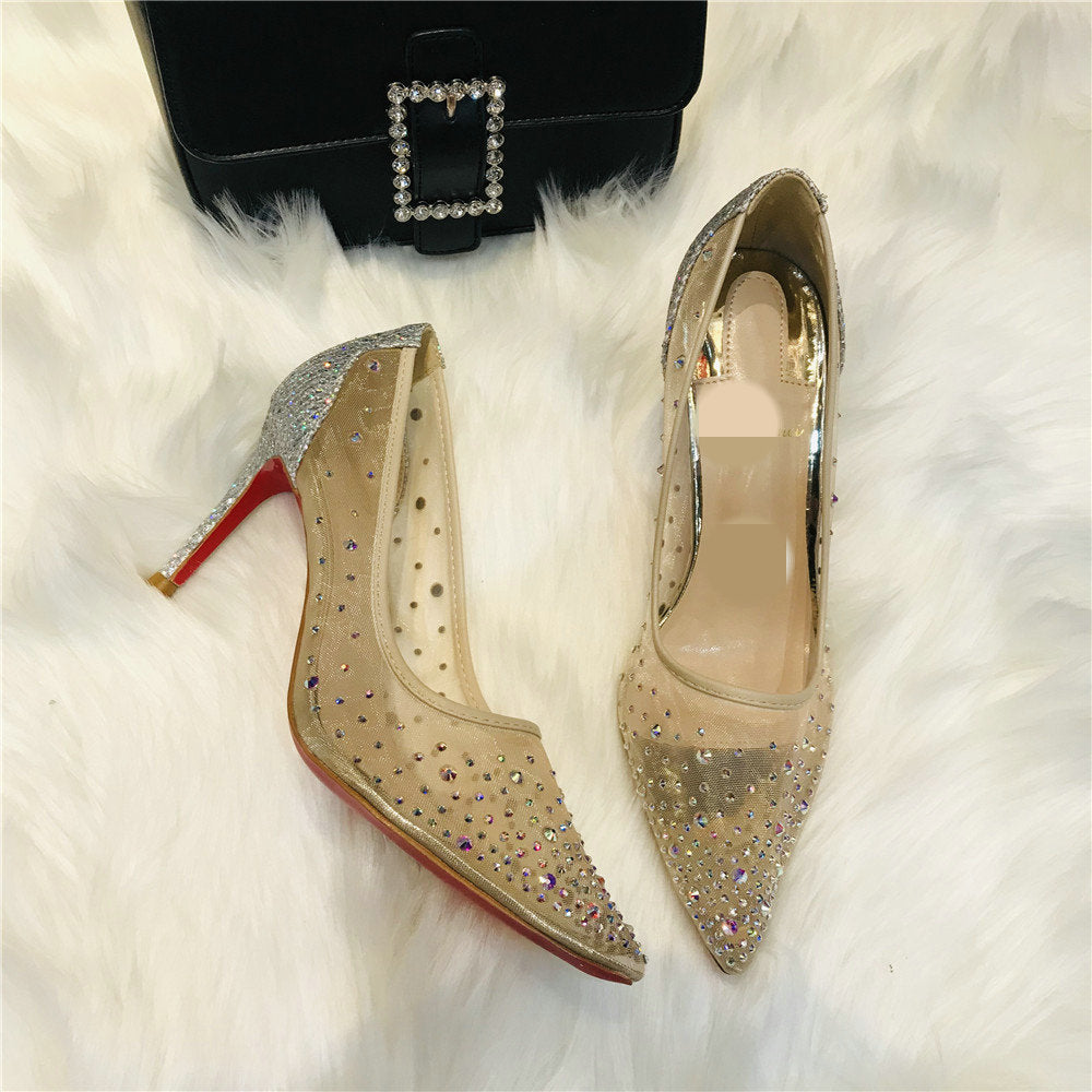 Mesh Rhinestone Transparent Pointed High Heels