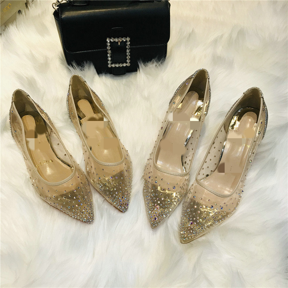 Mesh Rhinestone Transparent Pointed High Heels