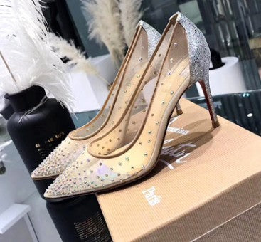 Mesh Rhinestone Transparent Pointed High Heels