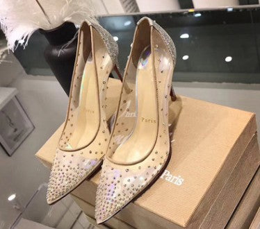 Mesh Rhinestone Transparent Pointed High Heels