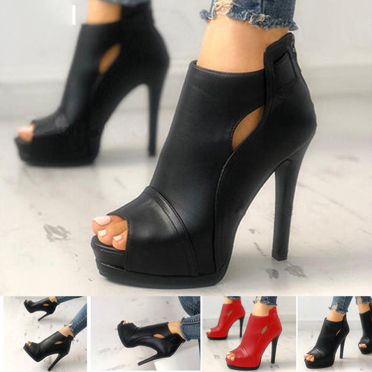 Hollow-Out Fish-Mouth Zipper Stiletto High-Heel Shoes