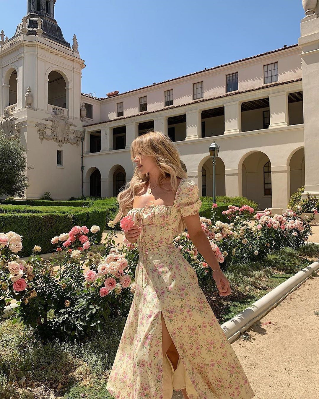 Floral Print Puff Short-Sleeve Dress - High Split Party Long Dress