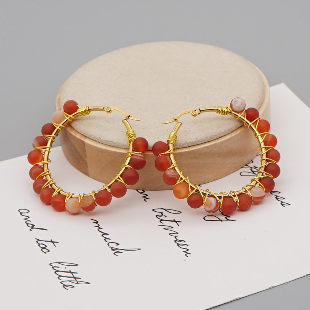 Natural Stone Hoop Earrings - Amethyst Onyx