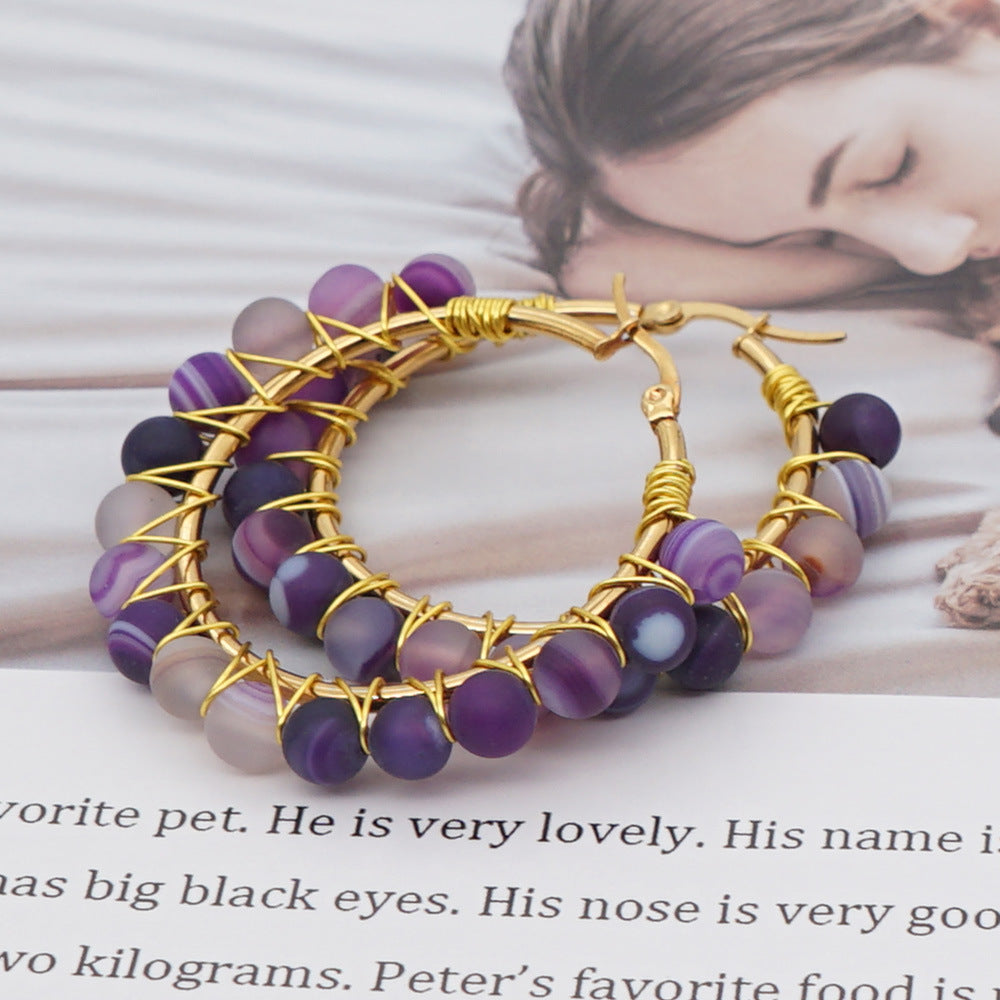 Natural Stone Hoop Earrings - Amethyst Onyx
