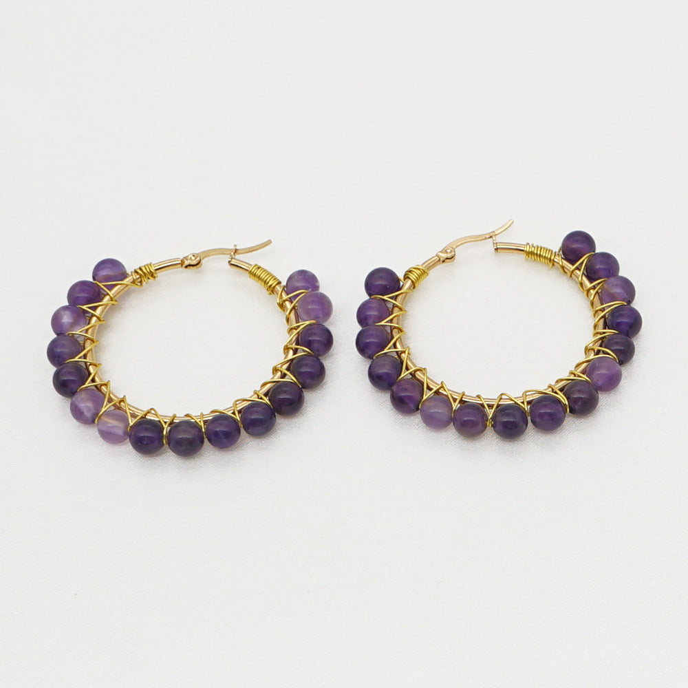 Natural Stone Hoop Earrings - Amethyst Onyx