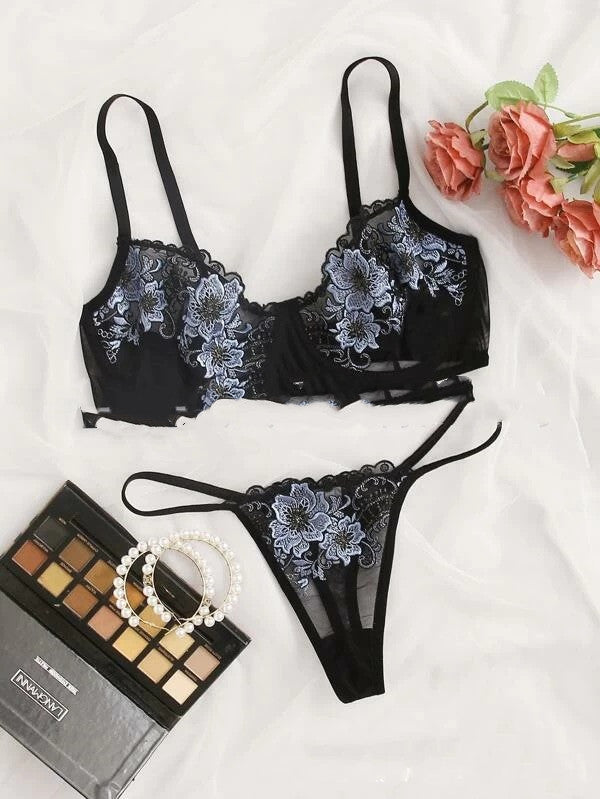 Temptation Lace Embroidered Lingerie Set