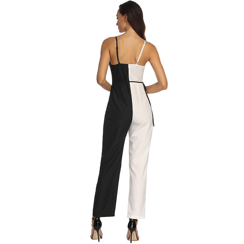 Fashion Black-and-White Suspender Trousers Jumpsuit