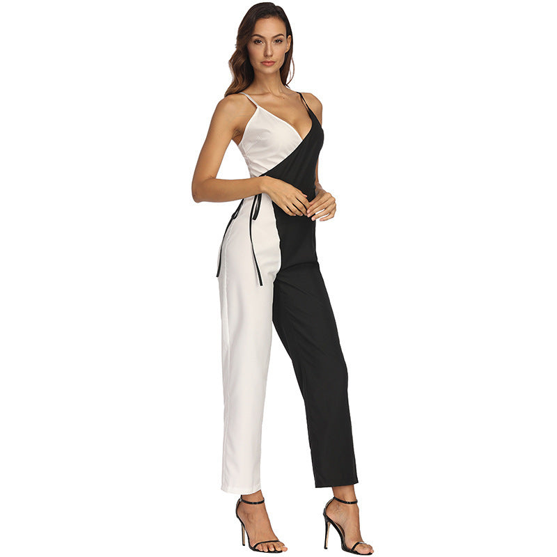 Fashion Black-and-White Suspender Trousers Jumpsuit