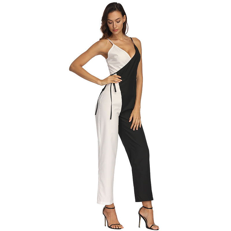 Fashion Black-and-White Suspender Trousers Jumpsuit