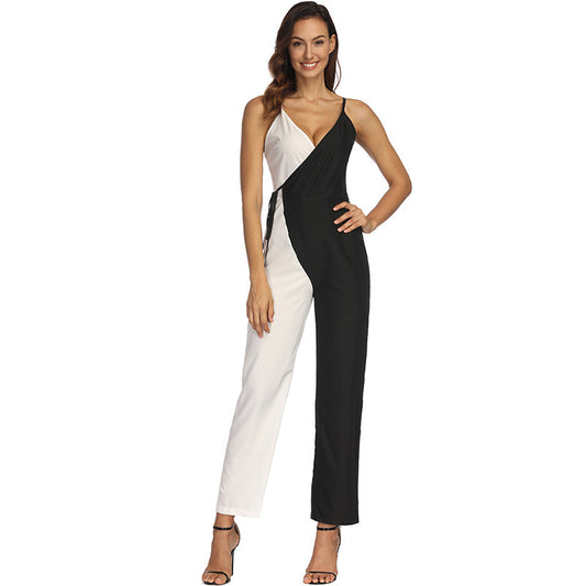 Fashion Black-and-White Suspender Trousers Jumpsuit