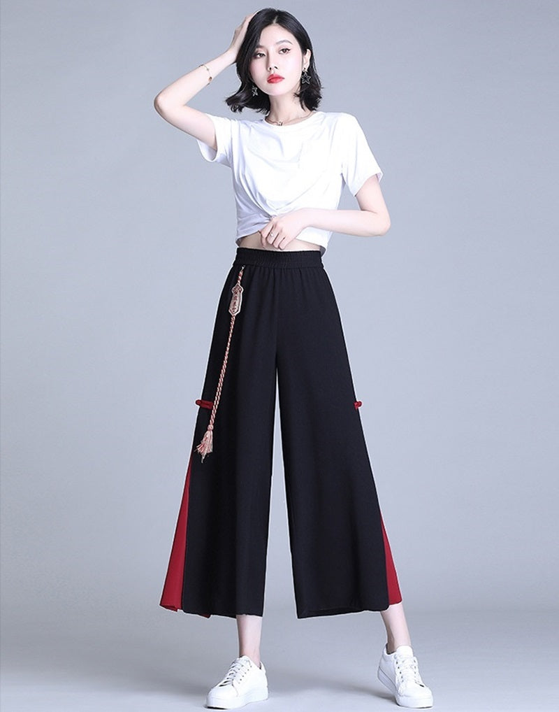 Side Slit Chinese Style Loose Cropped Trousers