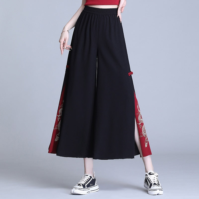 Side Slit Chinese Style Loose Cropped Trousers