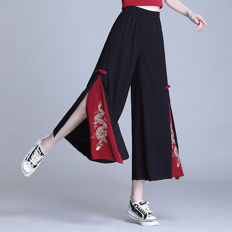 Side Slit Chinese Style Loose Cropped Trousers