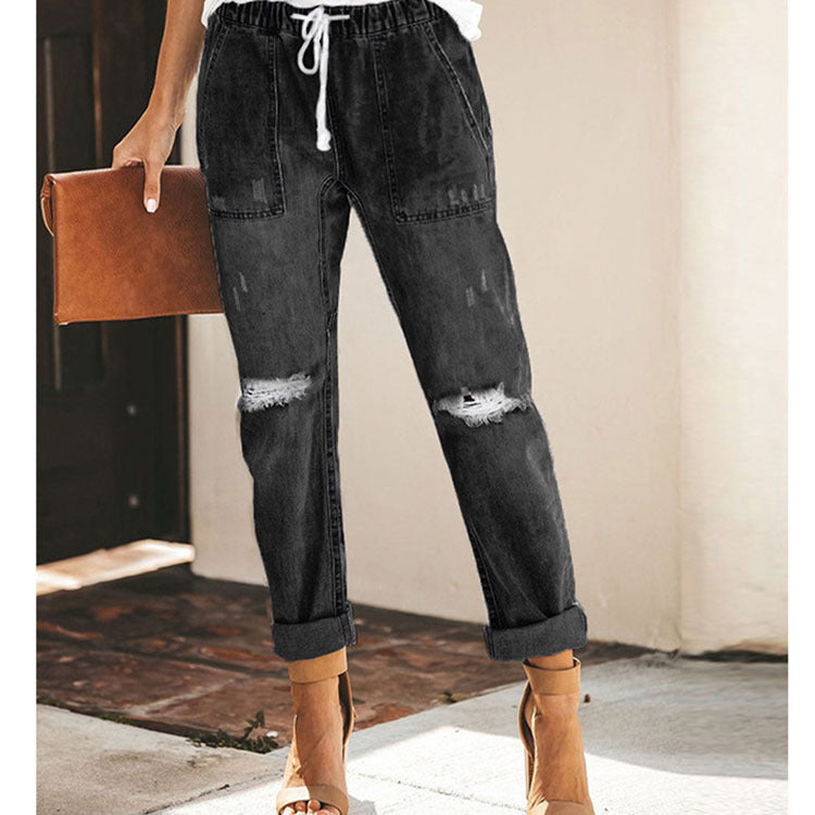 Women's Ripped Drawstring Denim Trousers With Pockets