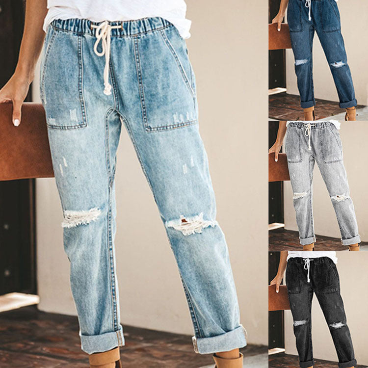 Women's Ripped Drawstring Denim Trousers With Pockets