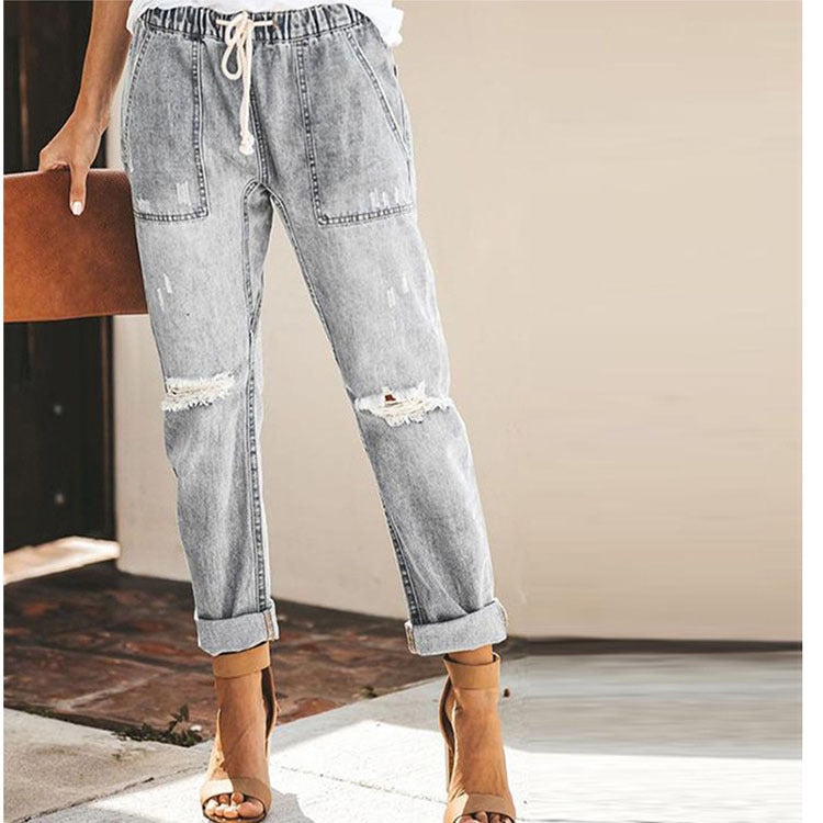 Women's Ripped Drawstring Denim Trousers With Pockets