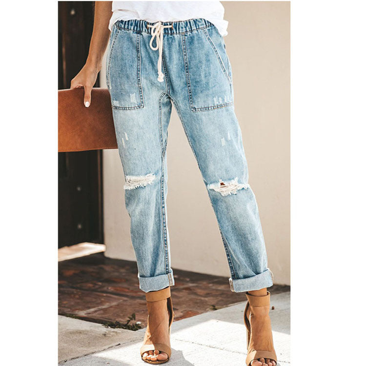 Women's Ripped Drawstring Denim Trousers With Pockets