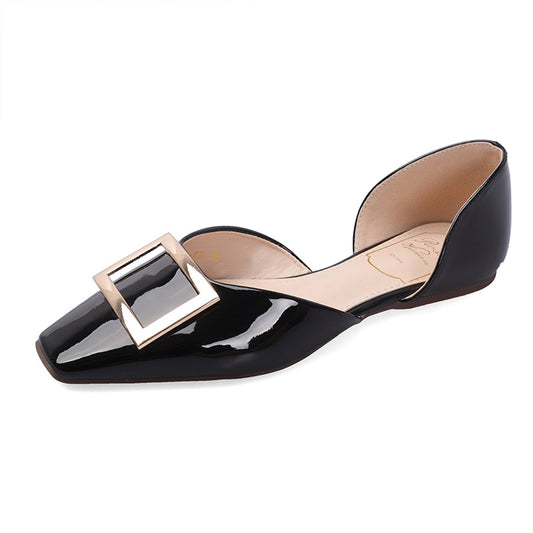 Square-Toe Metal-Decorated Shallow-Mouth Buckle Flat Shoes