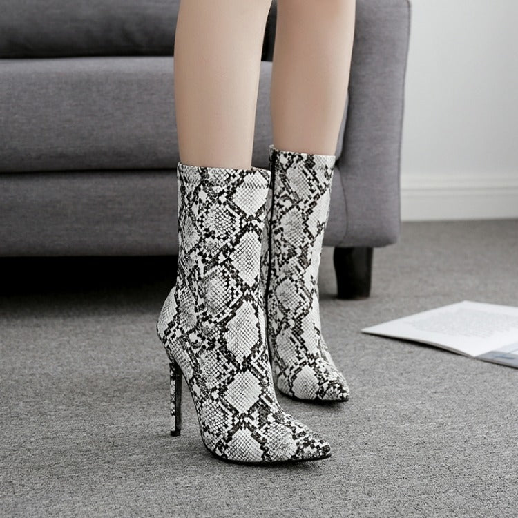 Snake-Pattern Side-Zipper Knight Boots