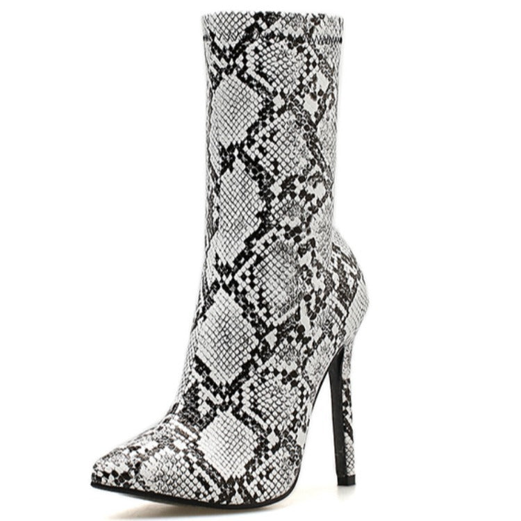 Snake-Pattern Side-Zipper Knight Boots