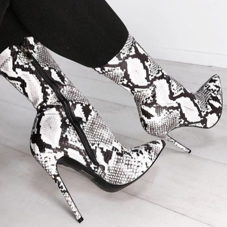 Snake-Pattern Side-Zipper Knight Boots