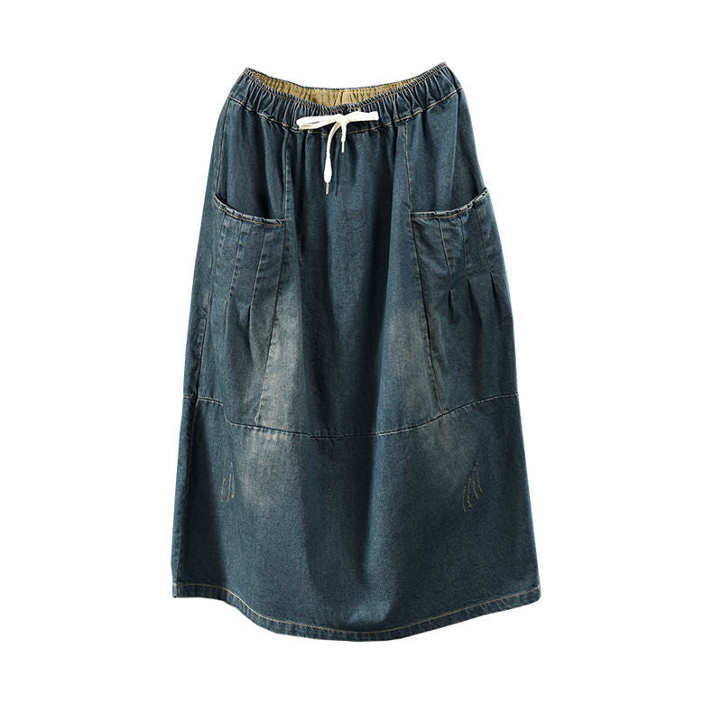 Thin Mid-Length Denim Skirt With Big Pockets