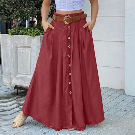 Versatile High-Waist Button-Decorated Long Skirt