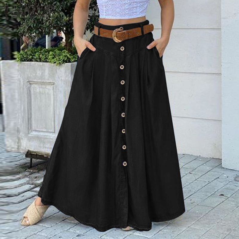 Versatile High-Waist Button-Decorated Long Skirt