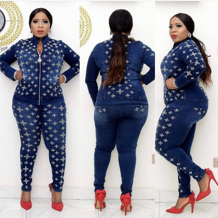 Jenny Garment Factory straight denim suit jacket with chest slimming pencil pants 3 piece set African and European best-selling fashion