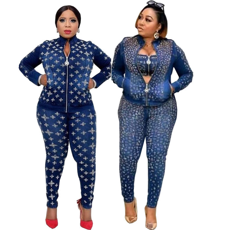 Jenny Garment Factory straight denim suit jacket with chest slimming pencil pants 3 piece set African and European best-selling fashion