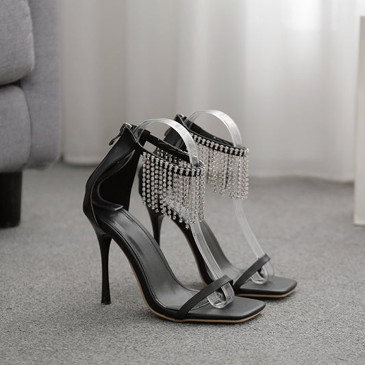 Fringed Rhinestone Square-Toe Roman Stiletto Sandals