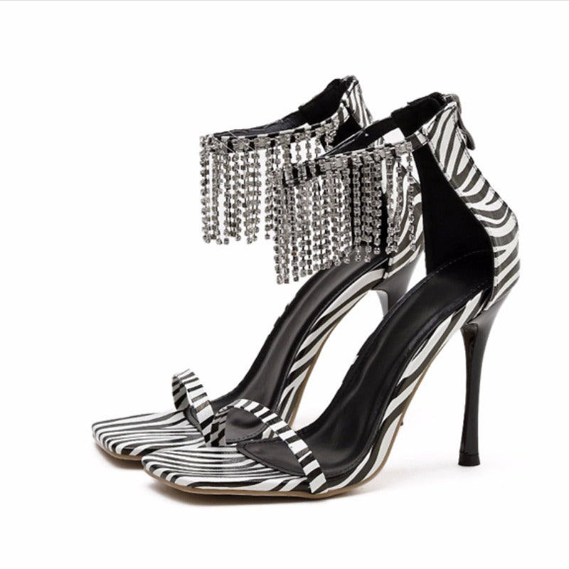 Fringed Rhinestone Square-Toe Roman Stiletto Sandals