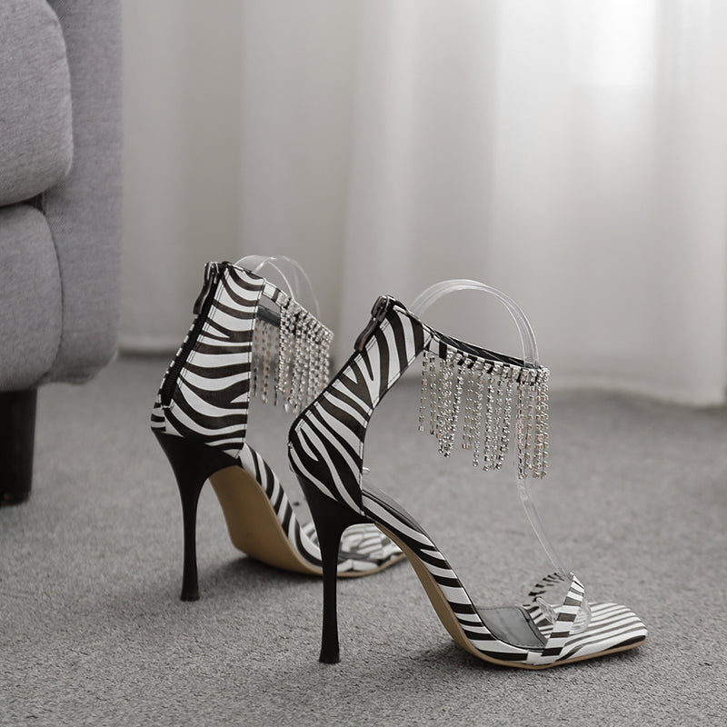 Fringed Rhinestone Square-Toe Roman Stiletto Sandals