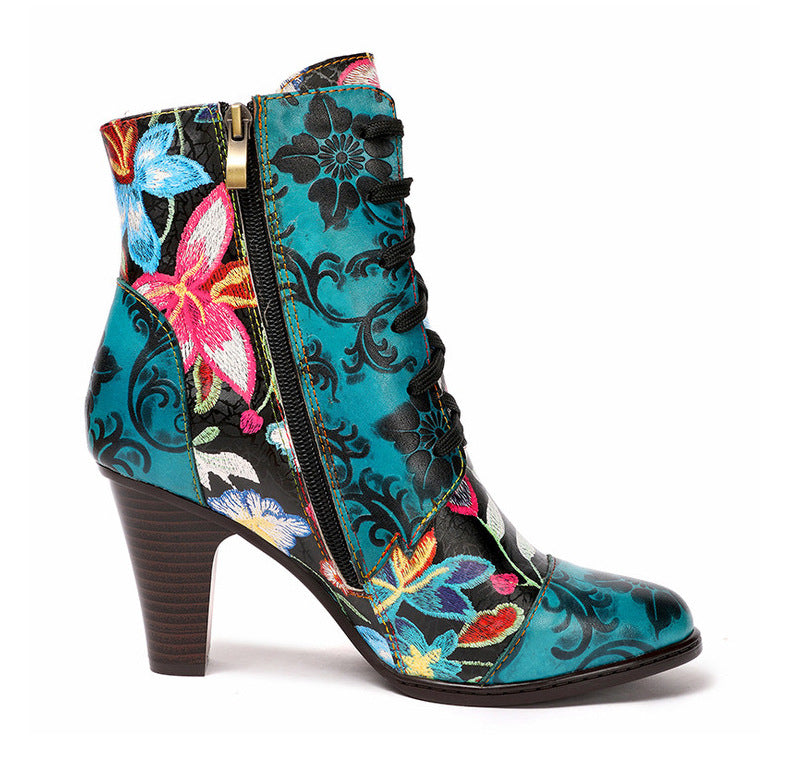 Handmade Leather Retro Floral High-Heeled Boots For Women