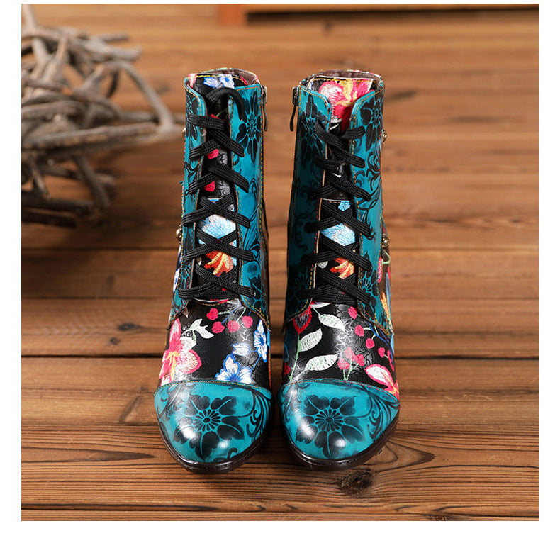 Handmade Leather Retro Floral High-Heeled Boots For Women