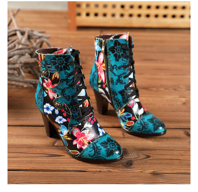 Handmade Leather Retro Floral High-Heeled Boots For Women