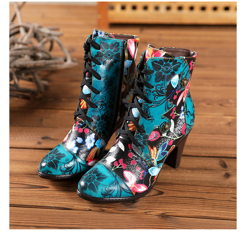 Handmade Leather Retro Floral High-Heeled Boots For Women